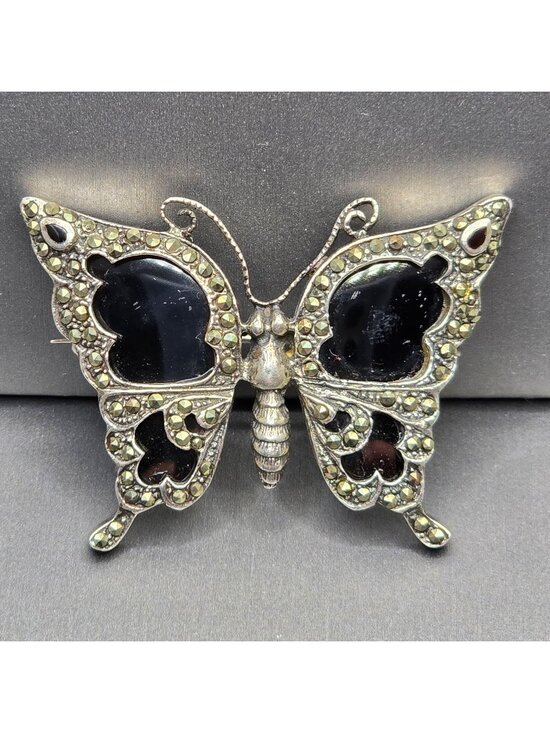 Unbranded Jewelry - Vintage Sterling Silver Butterfly Brooch 2" Onyx Wings Marcasite Statement Piece